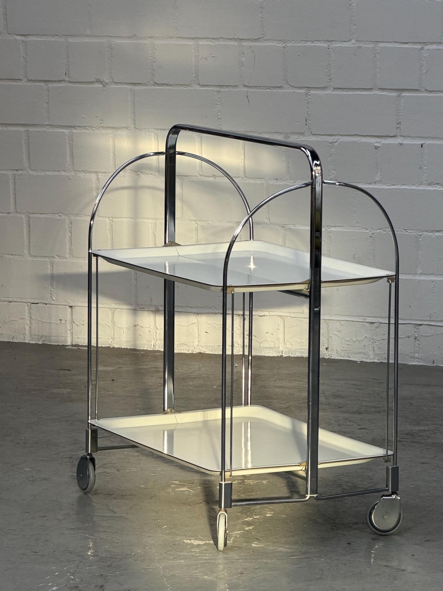 Vintage | Folding Bar-Cart | Chrome | Mid-Century | Serving Trolley | 2-Tier Rolling Storage | Cream Shelves | Bauhaus | West Germany