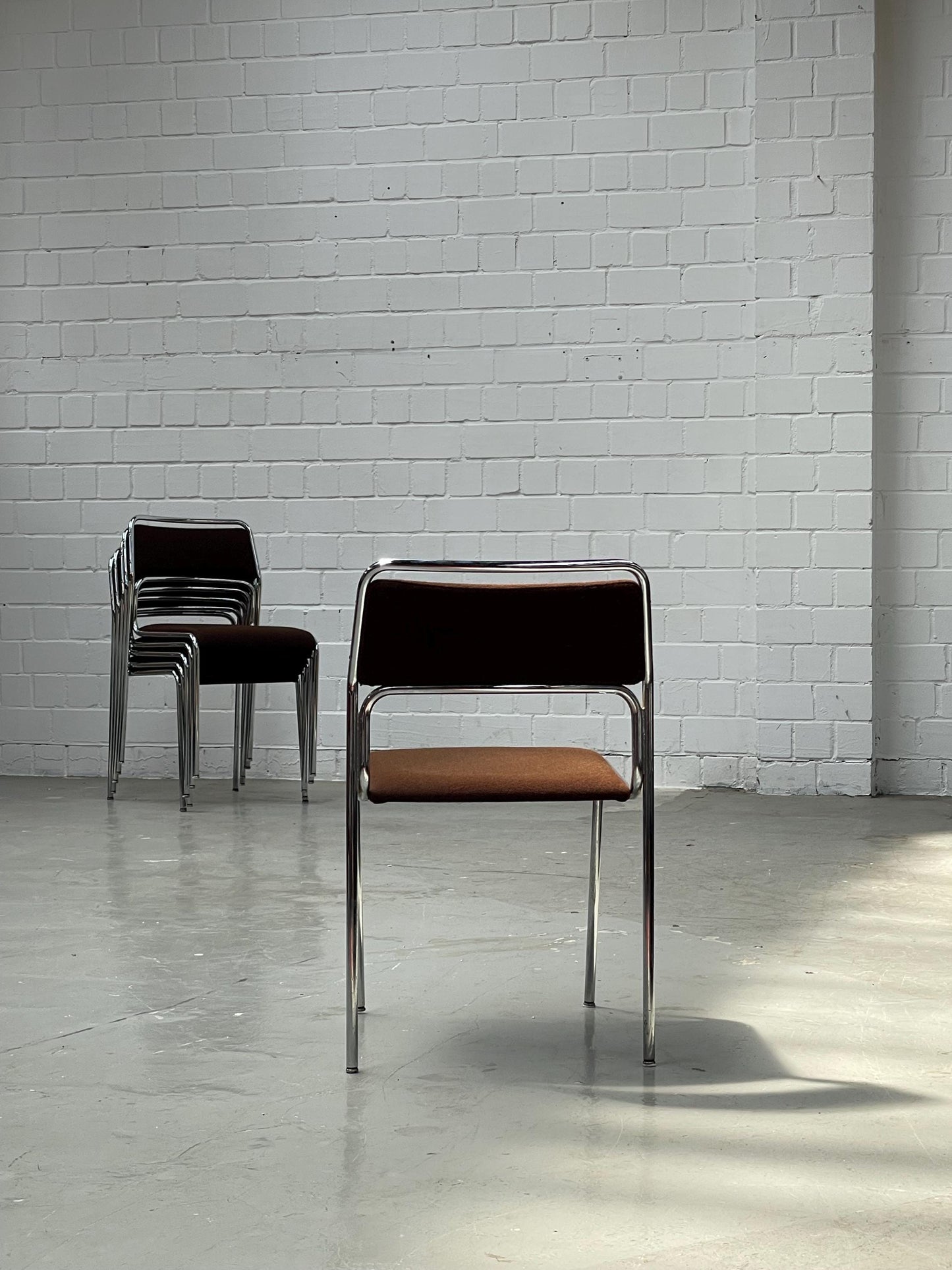 Bauhaus | Chrome | Stackable | Chair | modern | Vintage | West-Germany | brown fabric