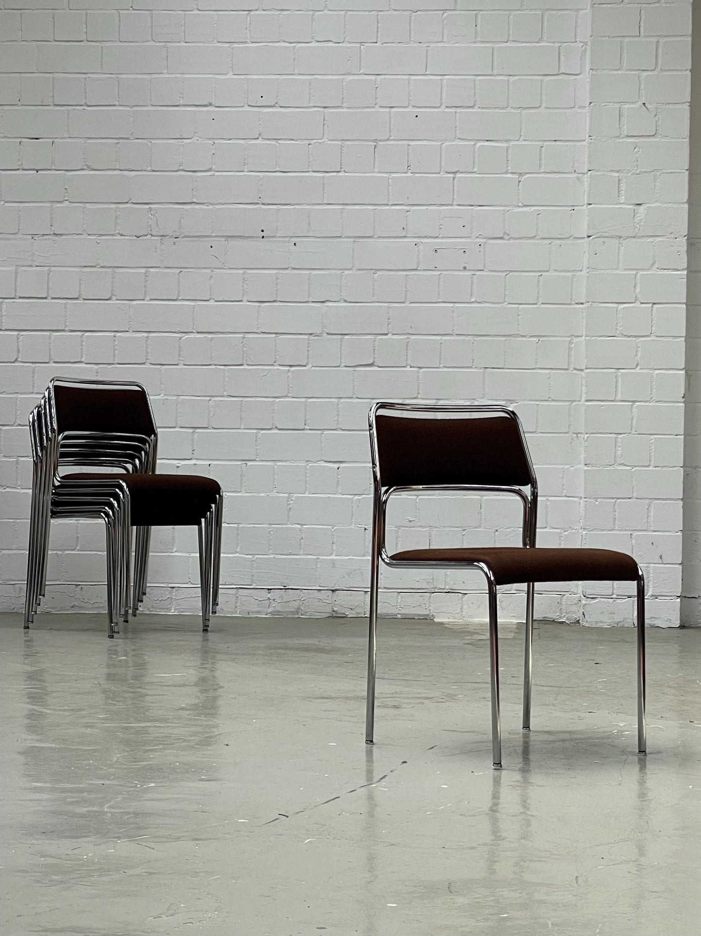 Bauhaus | Chrome | Stackable | Chair | modern | Vintage | West-Germany | brown fabric
