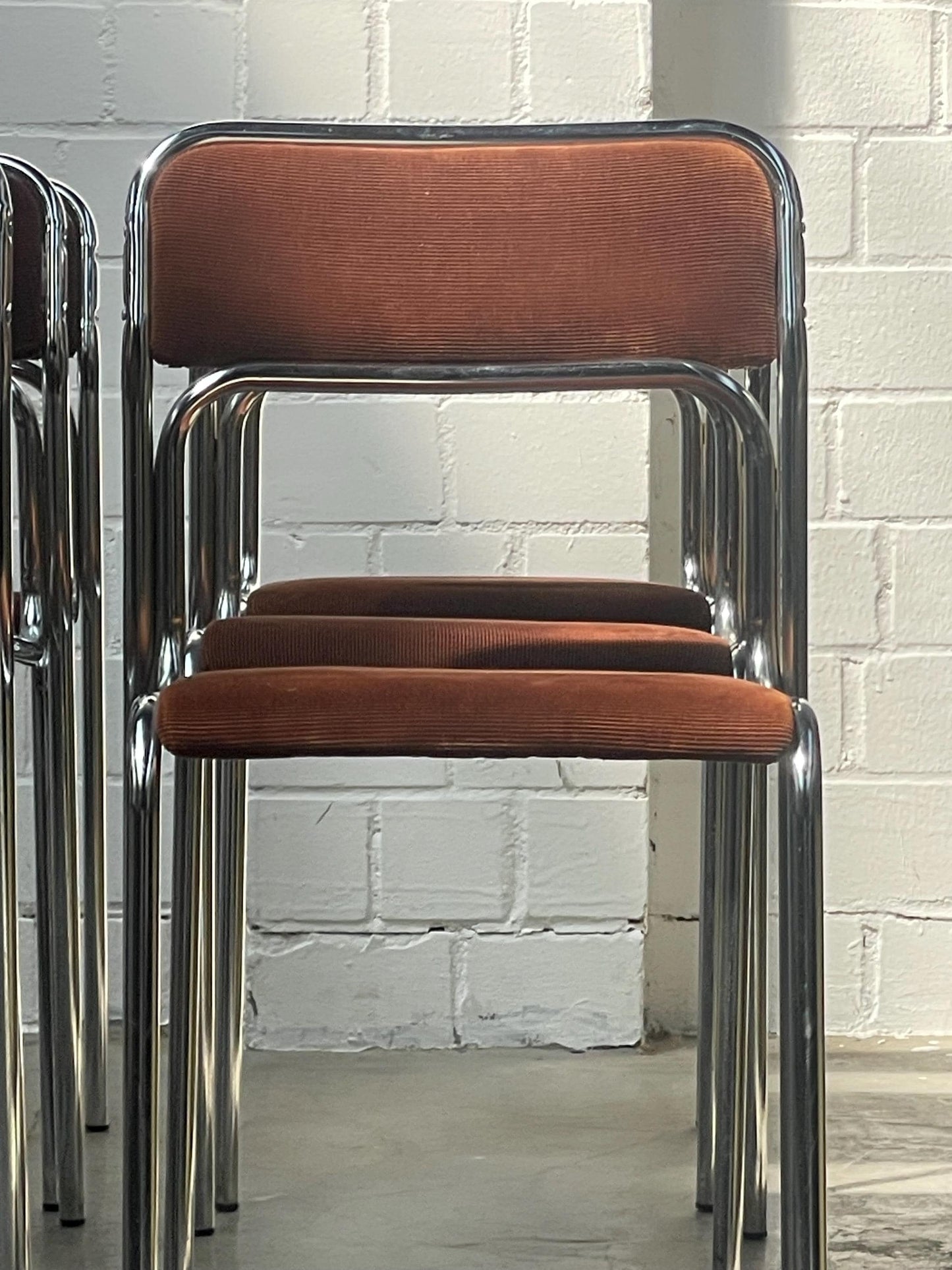 Space Age | Bauhaus | Stahlrohr | chair | chairs | italian style | stackable | minimal | modern | brown corduroy