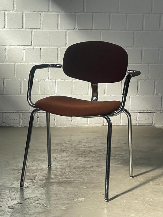 Vintage Bauhaus Chrome Tubular Chair: Stacking Armchair, Brown Fabric
