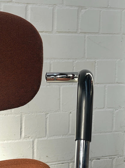 Vintage Bauhaus Chrome Tubular Chair: Stacking Armchair, Brown Fabric