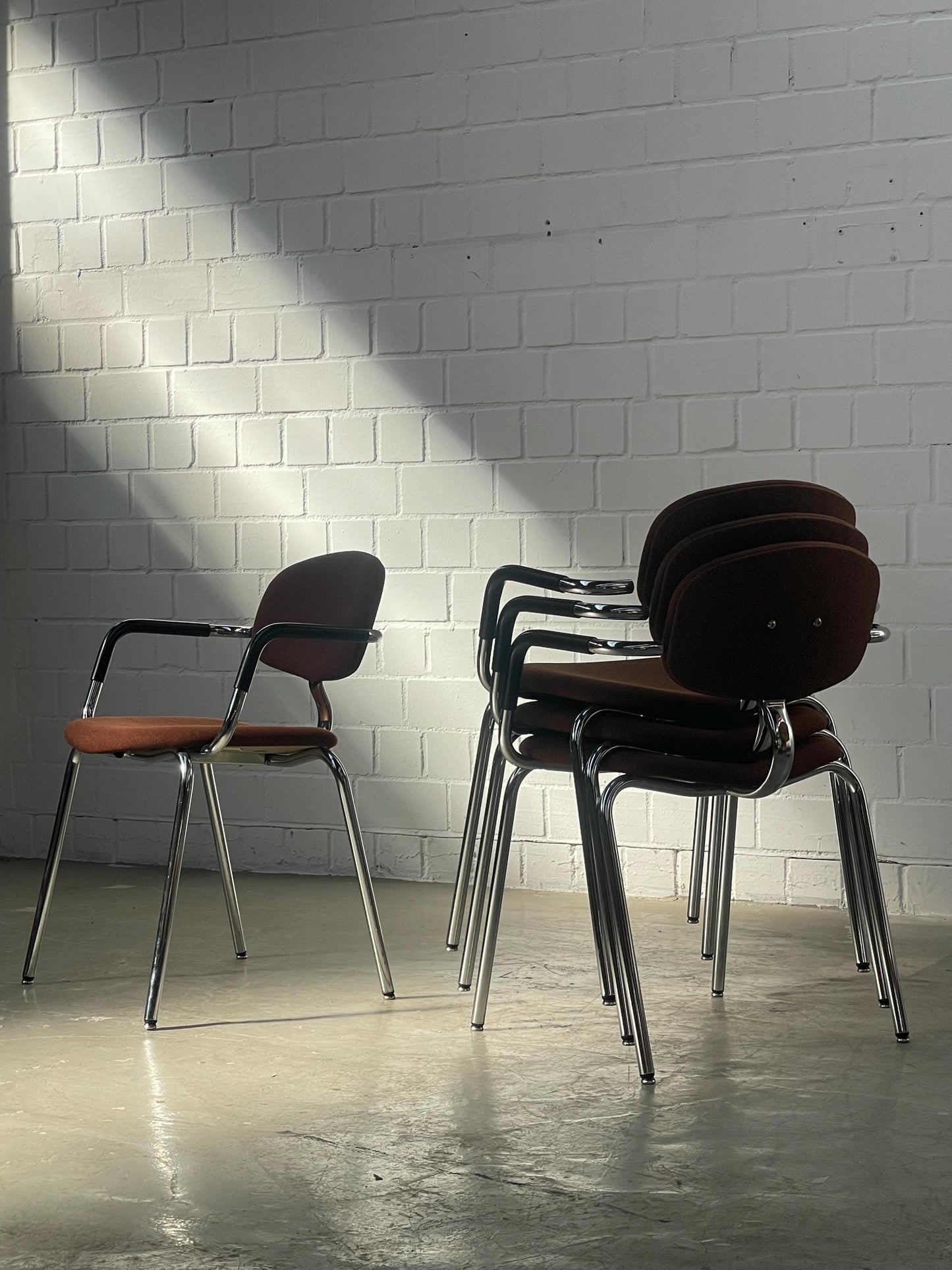 Vintage Bauhaus Chrome Tubular Chair: Stacking Armchair, Brown Fabric