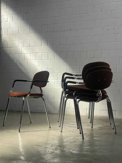 Vintage Bauhaus Chrome Tubular Chair: Stacking Armchair, Brown Fabric
