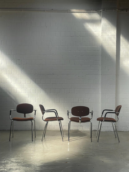 Vintage Bauhaus Chrome Tubular Chair: Stacking Armchair, Brown Fabric