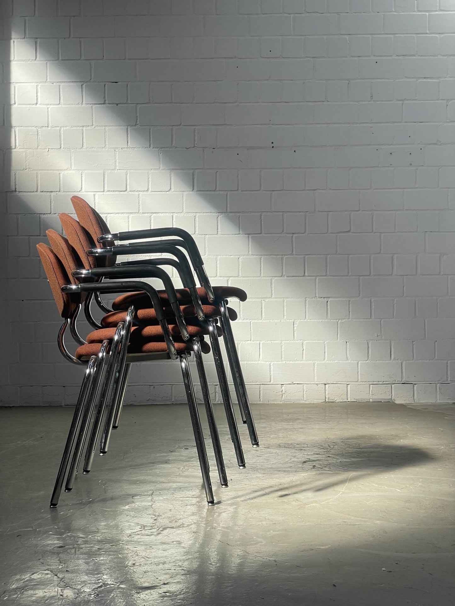 Vintage Bauhaus Chrome Tubular Chair: Stacking Armchair, Brown Fabric