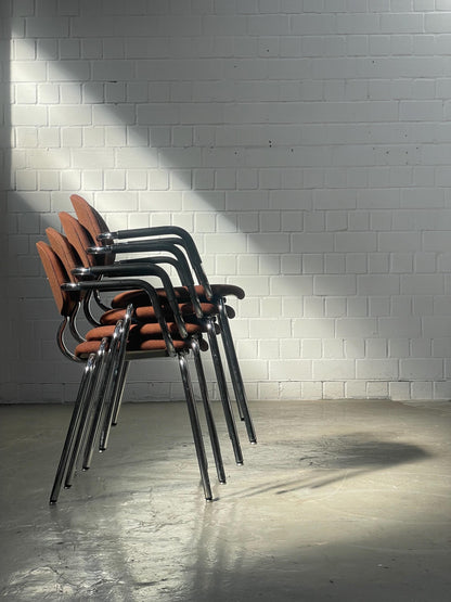Vintage Bauhaus Chrome Tubular Chair: Stacking Armchair, Brown Fabric