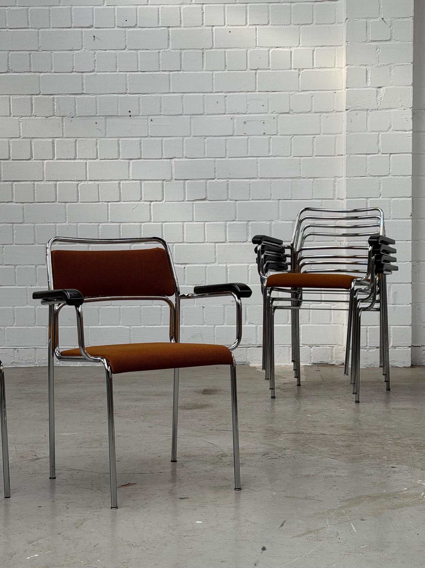 Bauhaus | Chrome | Stackable | Chair | modern | Vintage | West-Germany | upholstered in  brown fabric
