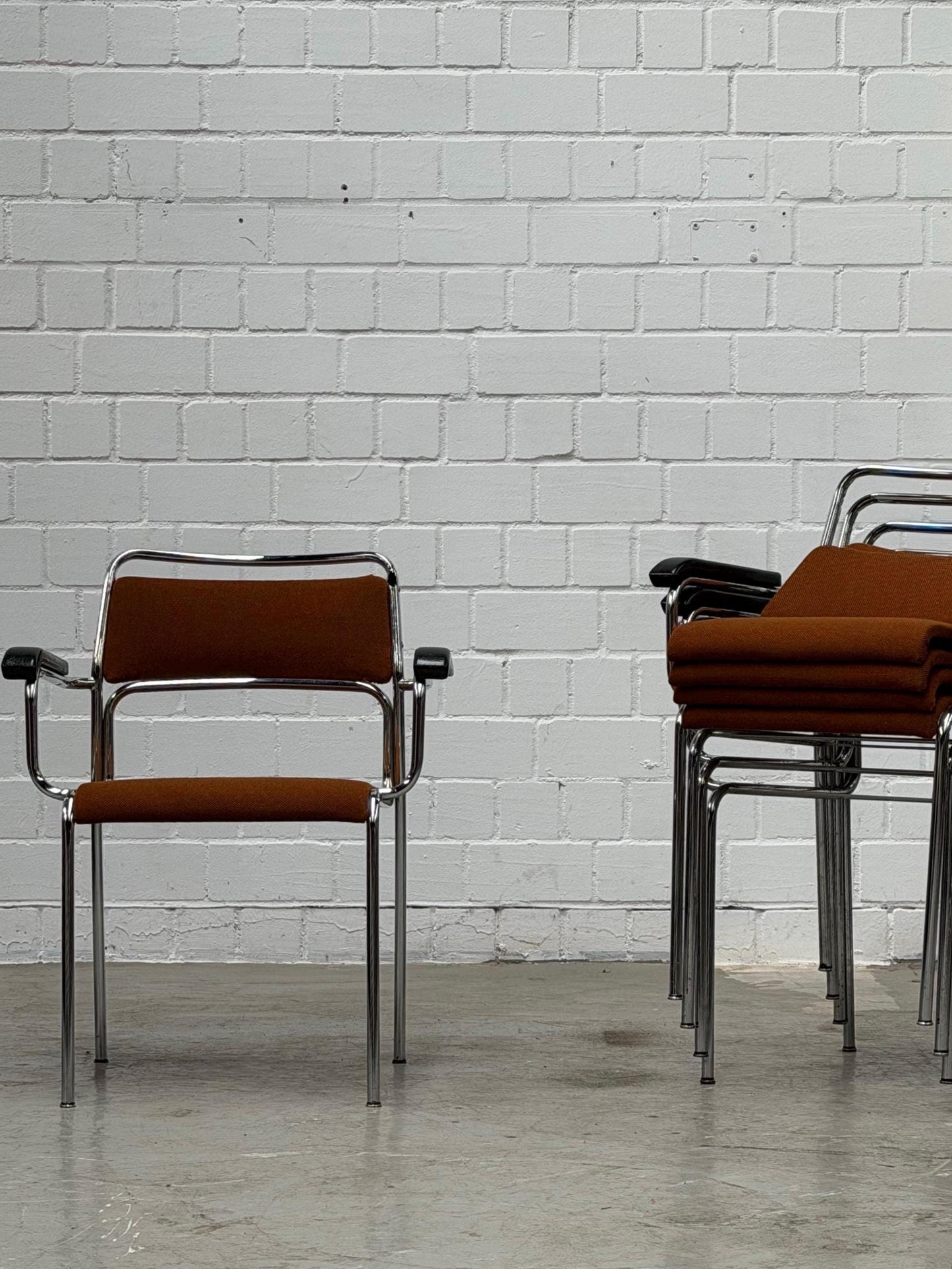 Bauhaus | Chrome | Stackable | Chair | modern | Vintage | West-Germany | upholstered in  brown fabric