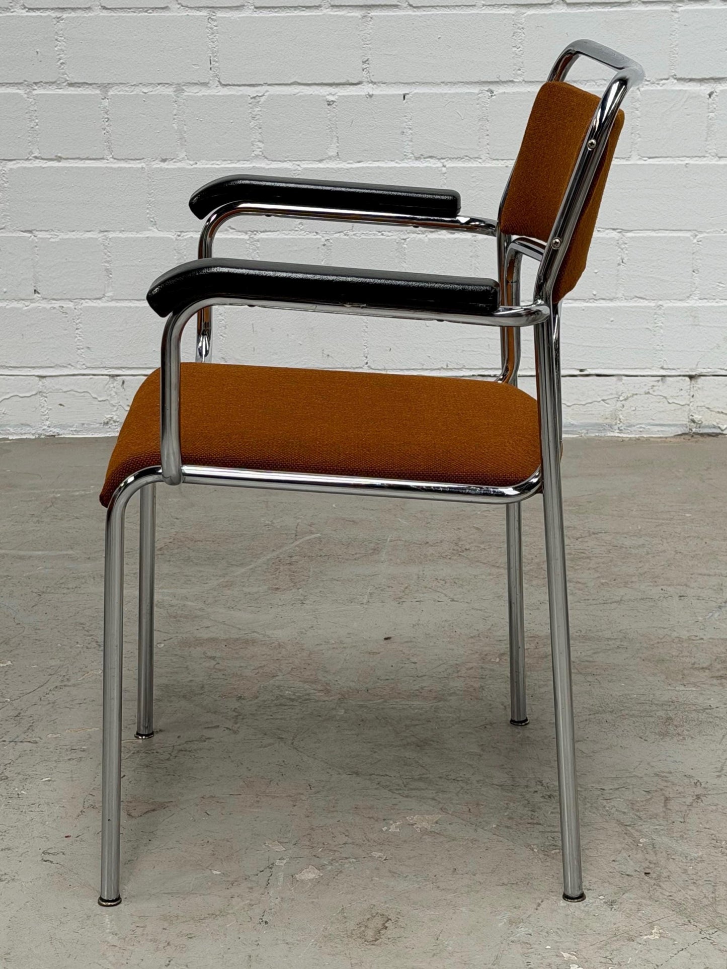 Bauhaus | Chrome | Stackable | Chair | modern | Vintage | West-Germany | upholstered in  brown fabric