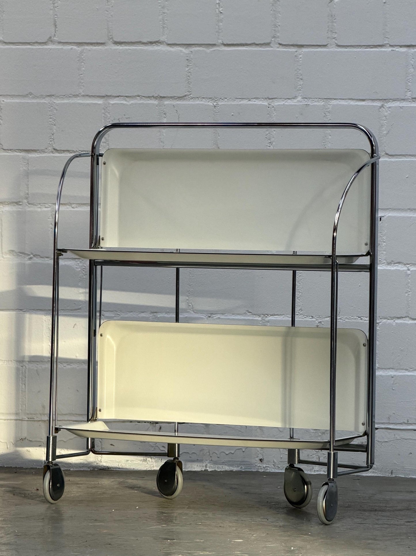 Vintage | Folding Bar-Cart | Chrome | Mid-Century | Serving Trolley | 2-Tier Rolling Storage | Cream Shelves | Bauhaus | West Germany