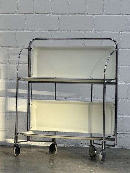 Vintage | Folding Bar-Cart | Chrome | Mid-Century | Serving Trolley | 2-Tier Rolling Storage | Cream Shelves | Bauhaus | West Germany