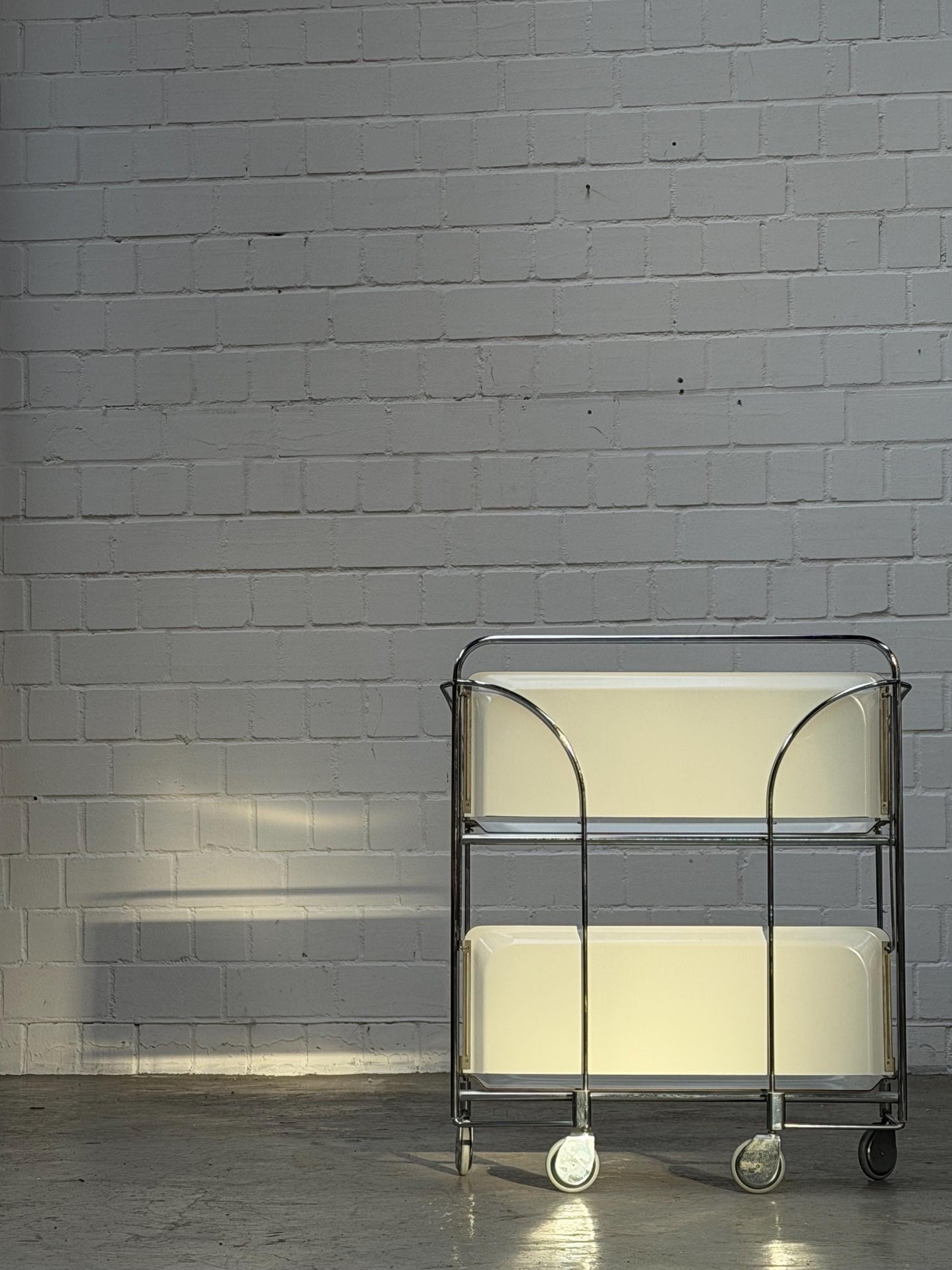 Vintage | Folding Bar-Cart | Chrome | Mid-Century | Serving Trolley | 2-Tier Rolling Storage | Cream Shelves | Bauhaus | West Germany