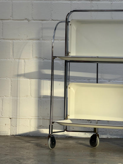 Vintage | Folding Bar-Cart | Chrome | Mid-Century | Serving Trolley | 2-Tier Rolling Storage | Cream Shelves | Bauhaus | West Germany