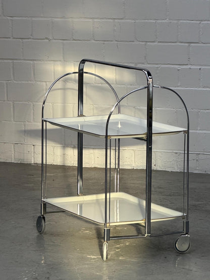 Vintage | Folding Bar-Cart | Chrome | Mid-Century | Serving Trolley | 2-Tier Rolling Storage | Cream Shelves | Bauhaus | West Germany
