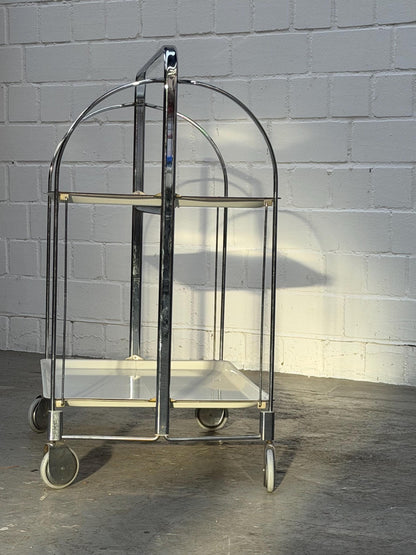 Vintage | Folding Bar-Cart | Chrome | Mid-Century | Serving Trolley | 2-Tier Rolling Storage | Cream Shelves | Bauhaus | West Germany