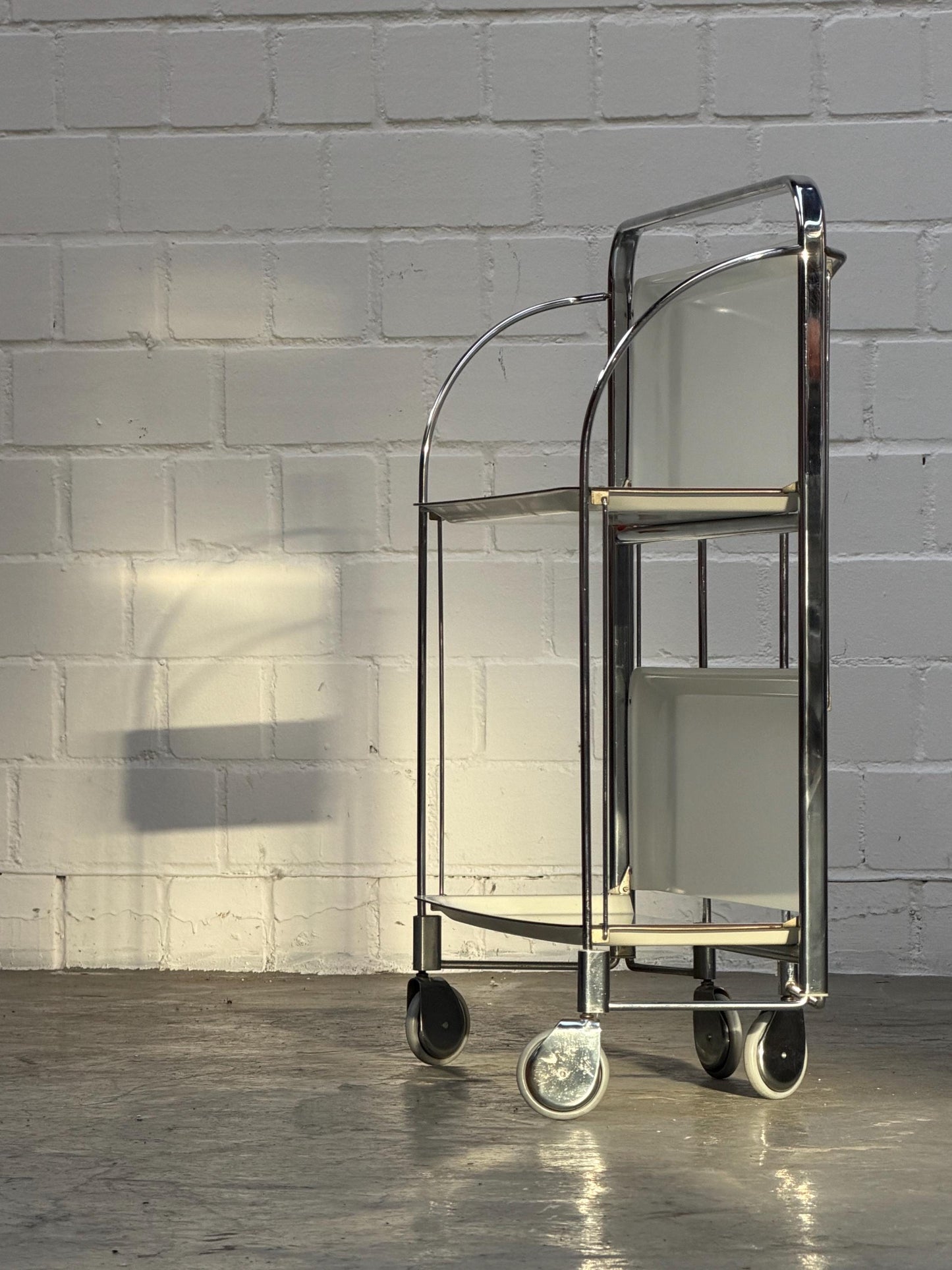 Vintage | Folding Bar-Cart | Chrome | Mid-Century | Serving Trolley | 2-Tier Rolling Storage | Cream Shelves | Bauhaus | West Germany