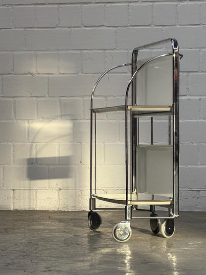 Vintage | Folding Bar-Cart | Chrome | Mid-Century | Serving Trolley | 2-Tier Rolling Storage | Cream Shelves | Bauhaus | West Germany
