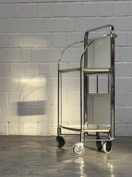 Vintage | Folding Bar-Cart | Chrome | Mid-Century | Serving Trolley | 2-Tier Rolling Storage | Cream Shelves | Bauhaus | West Germany